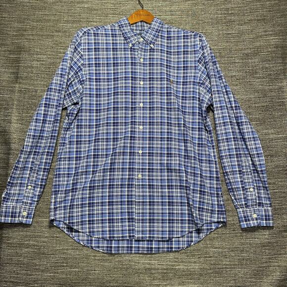 Ralph Lauren Shirt Men's Large Blue Plaid Long Sleeve Button Down Brown Pony - Picture 2 of 14